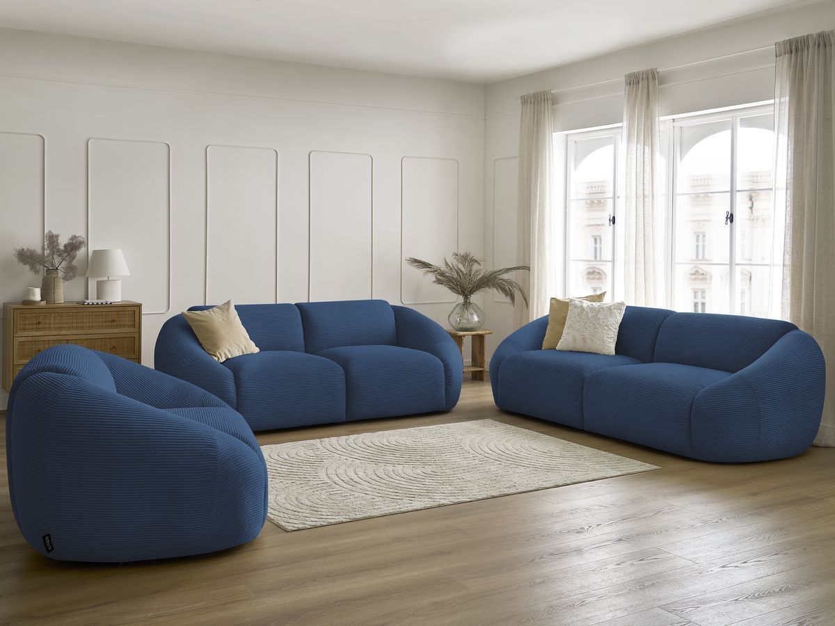 Ensemble canapé droit fixe 3 + 2 places + fauteuil TINA velours côtelé bleu foncé   BOBOCHIC