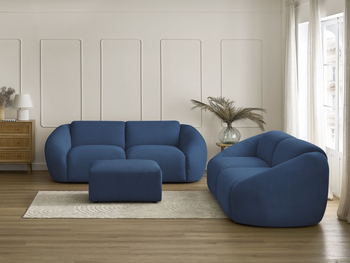 Ensemble canapé droit 3 + 2 places TINA velours côtelé avec pouf bleu foncé — vue 5