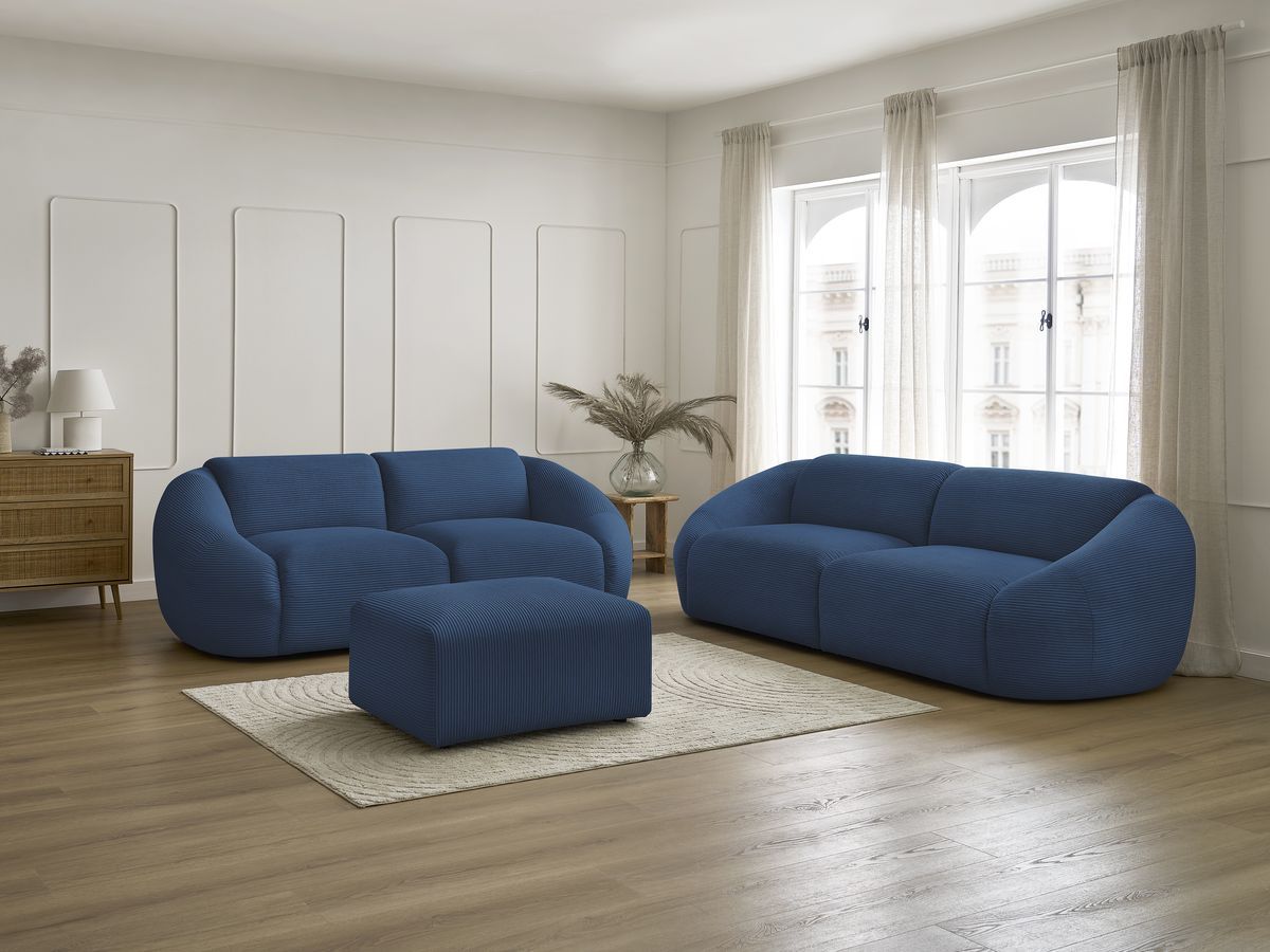 Ensemble canapé droit fixe 3 + 2 places TINA velours côtelé avec pouf
