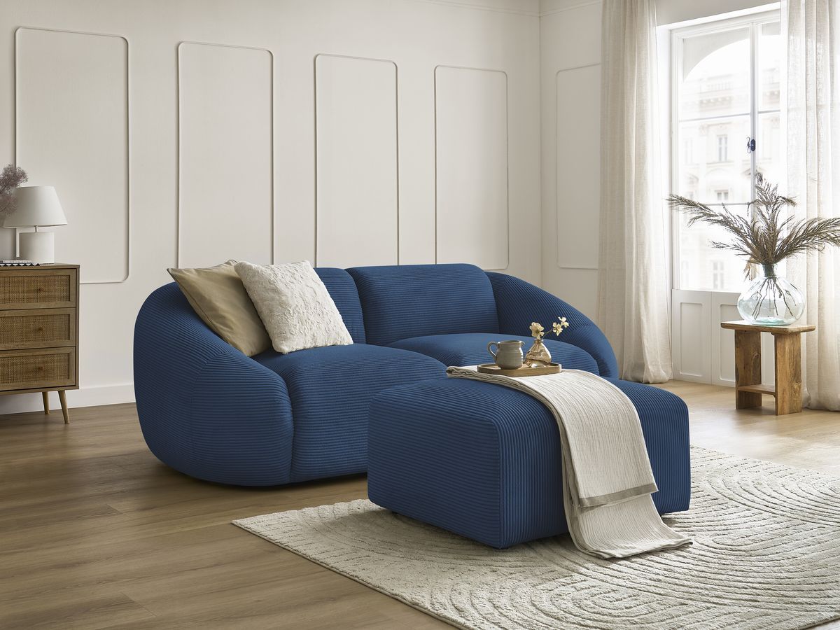 Canapé droit fixe 2 places TINA velours côtelé avec pouf