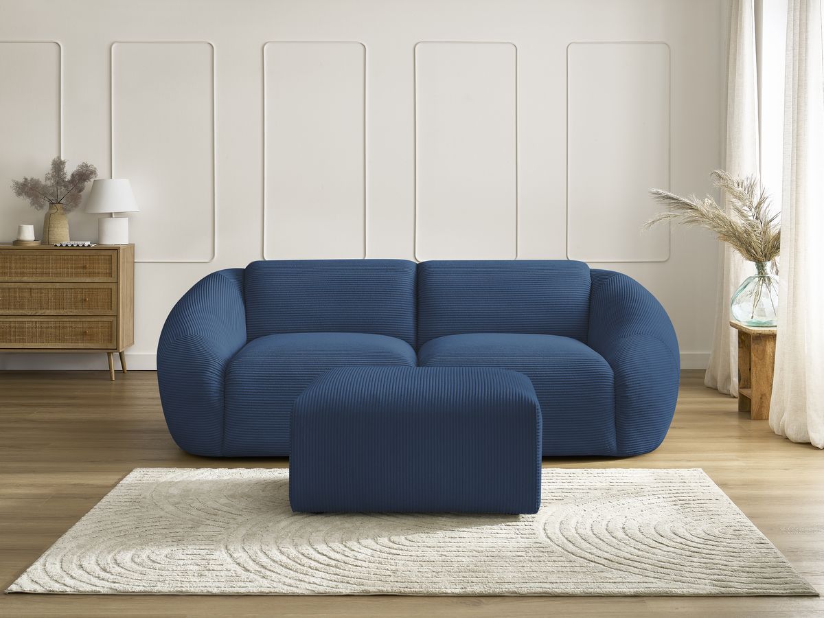 Canapé droit fixe 2 places TINA velours côtelé avec pouf