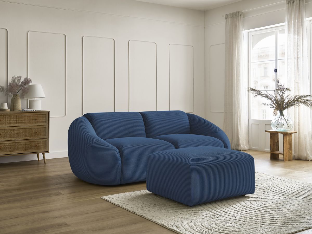 Canapé droit 2 places TINA velours côtelé avec pouf bleu foncé — vue 6