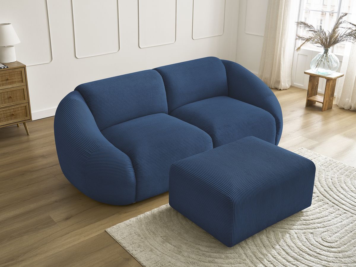 Canapé droit fixe 2 places TINA velours côtelé avec pouf