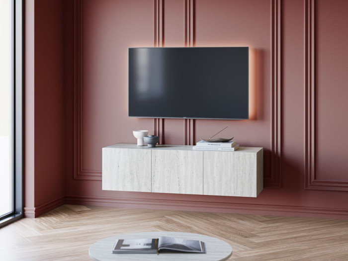 Meuble TV suspendu 3 portes 140 cm LECCE effet travertin