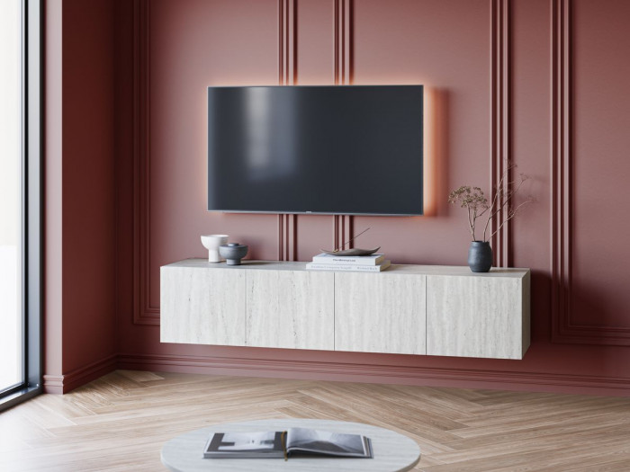 Meuble TV suspendu 4 portes 180 cm LECCE effet travertin