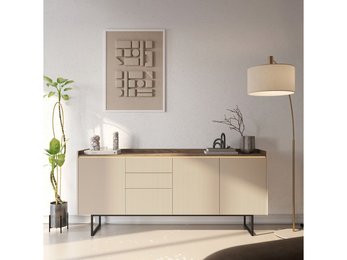 Buffet 3 portes 192 cm LOUNA beige et effet bois avec tasseaux et LED