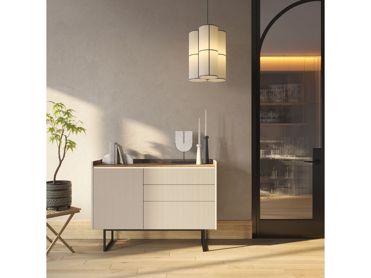 Commode 3 tiroirs 1 porte 118 cm LOUNA beige et effet bois avec tasseaux et LED