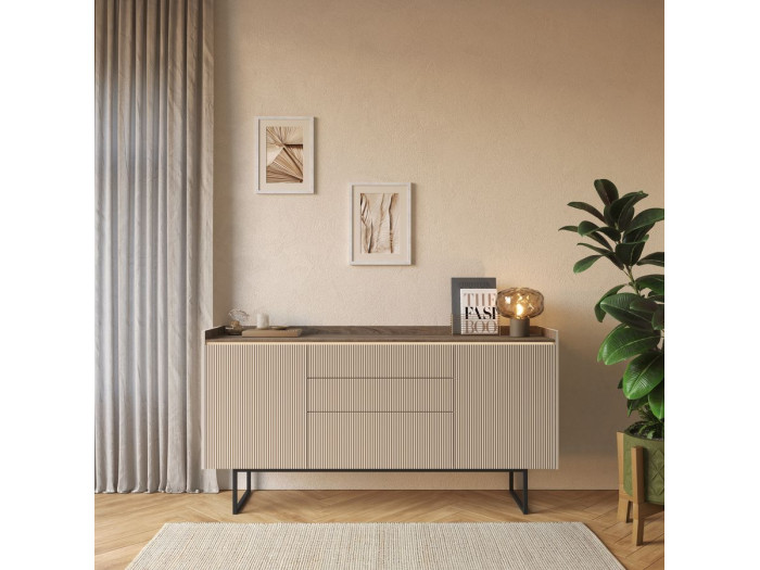 Buffet 2 portes 166 cm LOUNA beige et effet bois avec tasseaux et LED