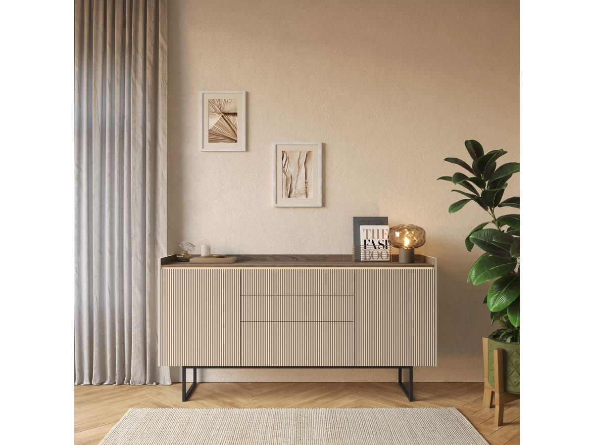 LOUNA 2-deurs dressoir 166 cm beige en houtlook met lamellen en ledverlichting