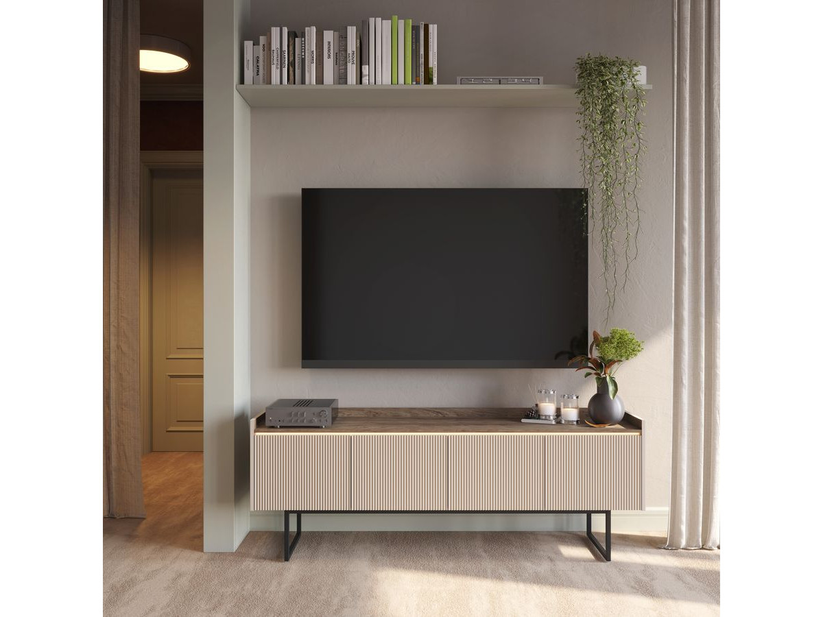 Meuble TV 166 cm LOUNA beige et effet bois avec tasseaux et LED