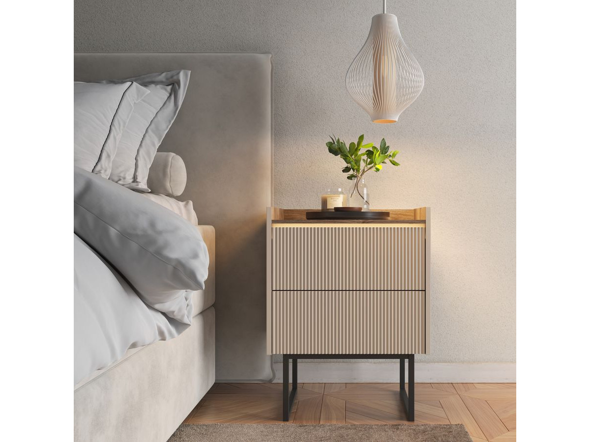 Table de chevet 2 tiroir LOUNA beige et effet bois avec tasseaux et LED