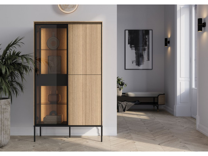 Meuble vitrine 3 portes H.156 cm VERONA effet chêne et verre fumé avec LEDS