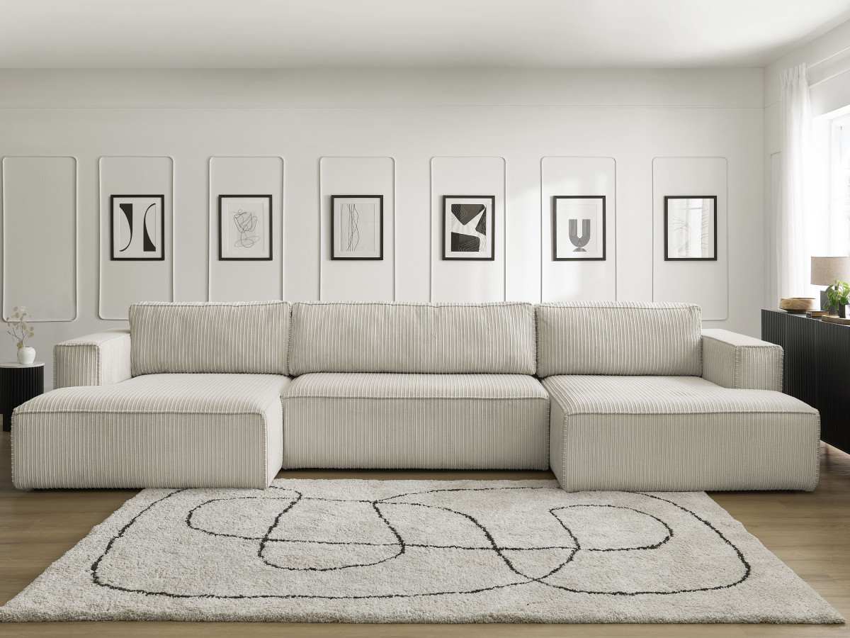 Canapé panoramique convertible coffre NINA velours côtelé gris clair — vue 5