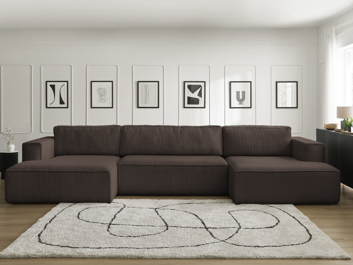 Canapé panoramique convertible coffre NINA velours côtelé marron — vue 5