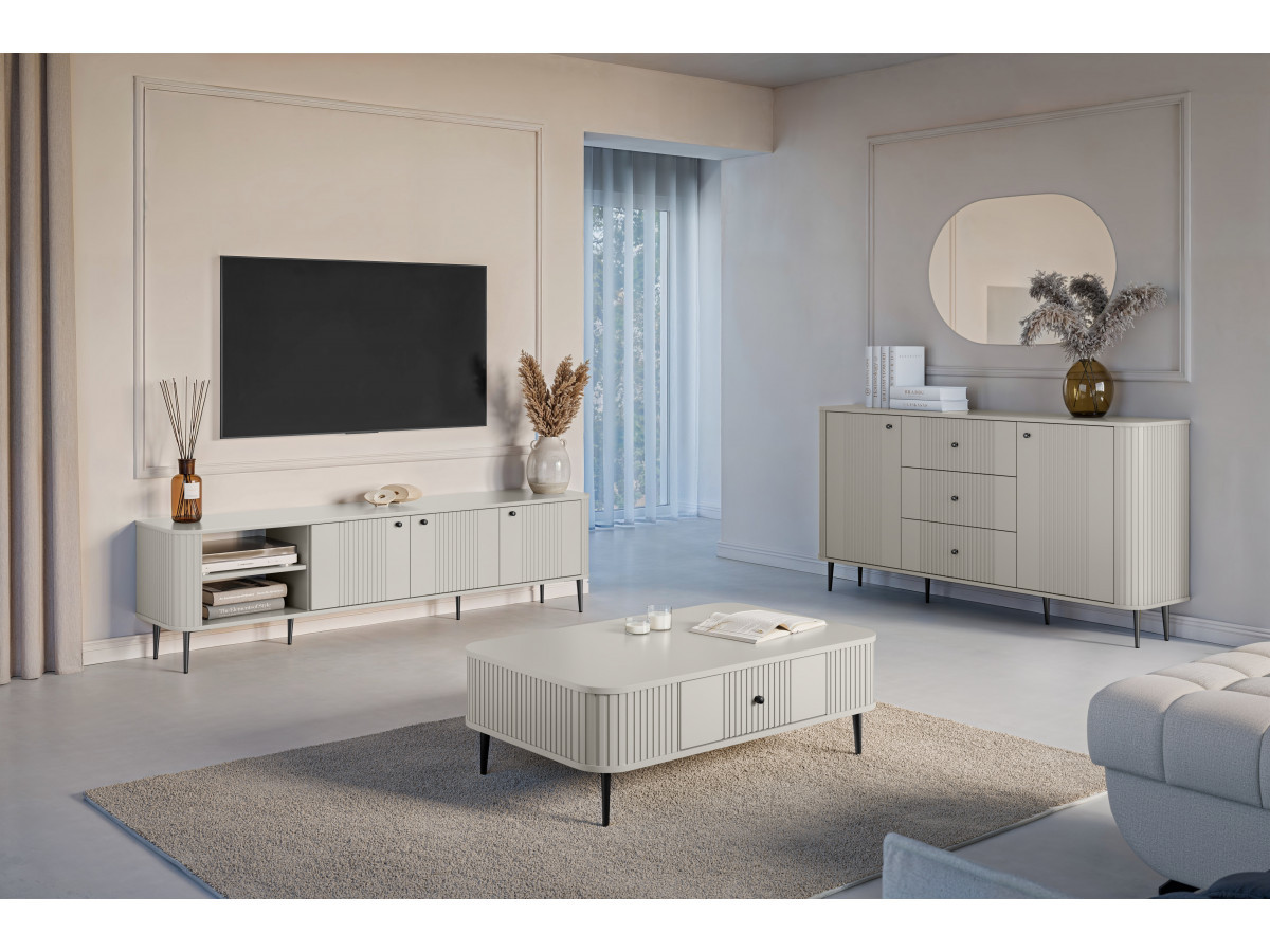 Ensemble AMA avec buffet 160 cm + meuble TV 187 cm + table basse pieds noirs beige   BOBOCHIC