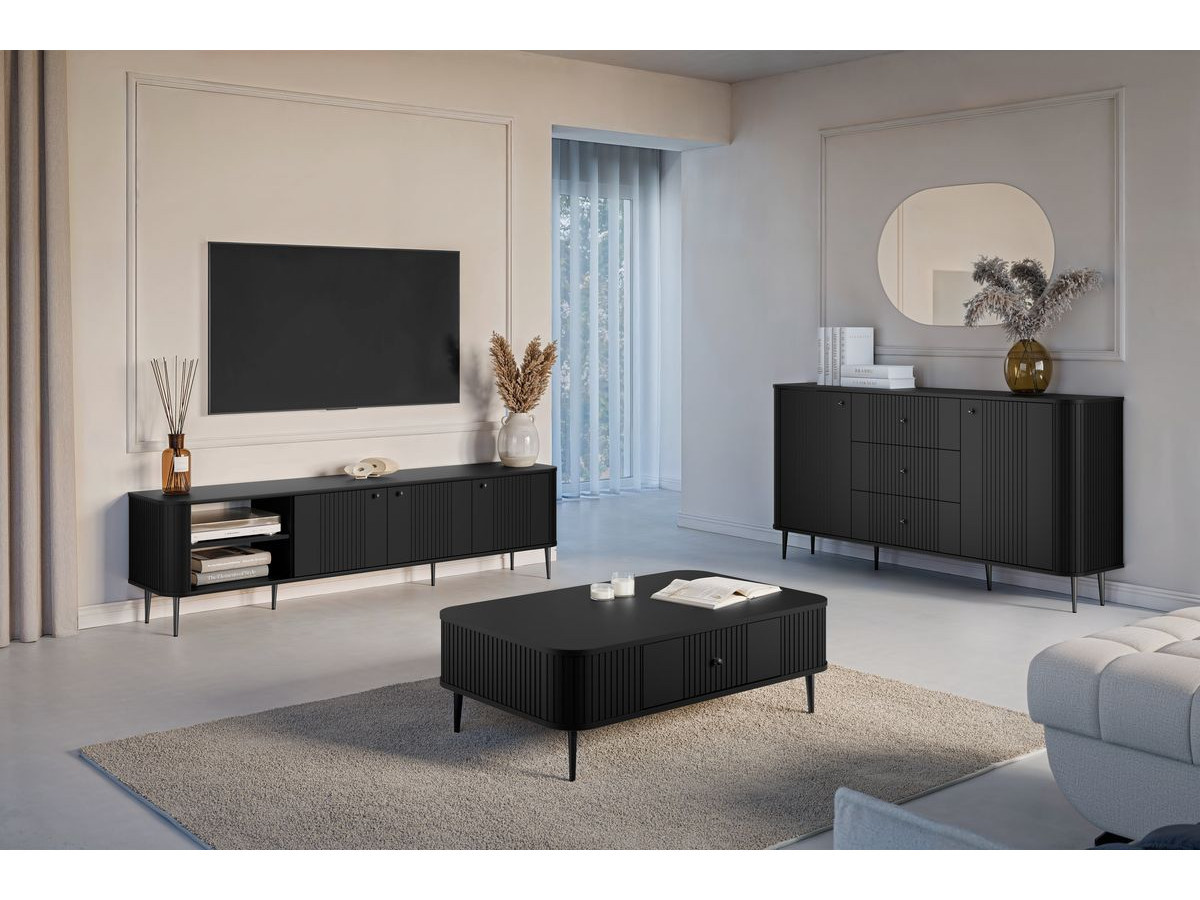 Ensemble AMA avec buffet 160 cm + meuble TV 187 cm + table basse pieds noirs noir   BOBOCHIC