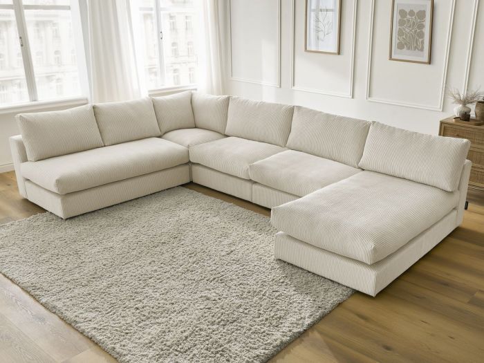 Canapé Paris beige angle et méridienne vue de dessus dans salon.