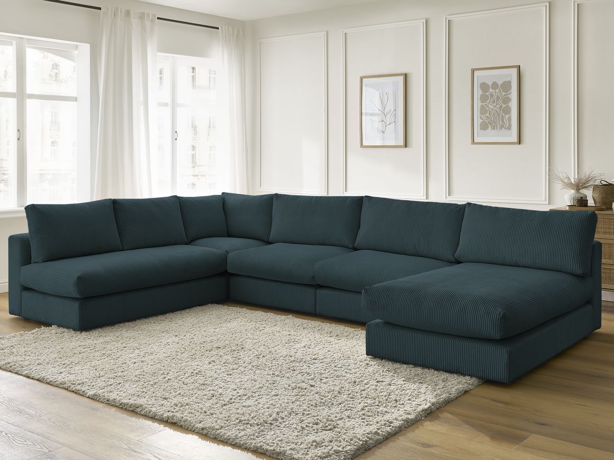 Canapé d'angle modulable PARIS velours côtelé avec 3 chauffeuses, 1 méridienne et 1 angle