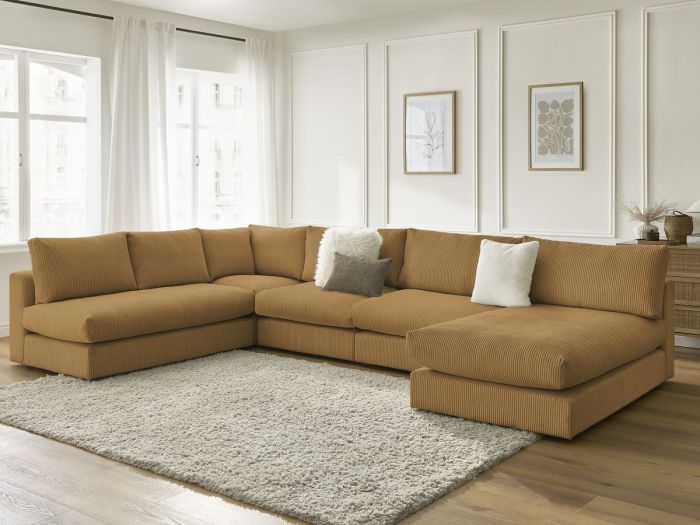 Canapé d'angle modulable PARIS velours côtelé avec 3 chauffeuses, 1 méridienne et 1 angle