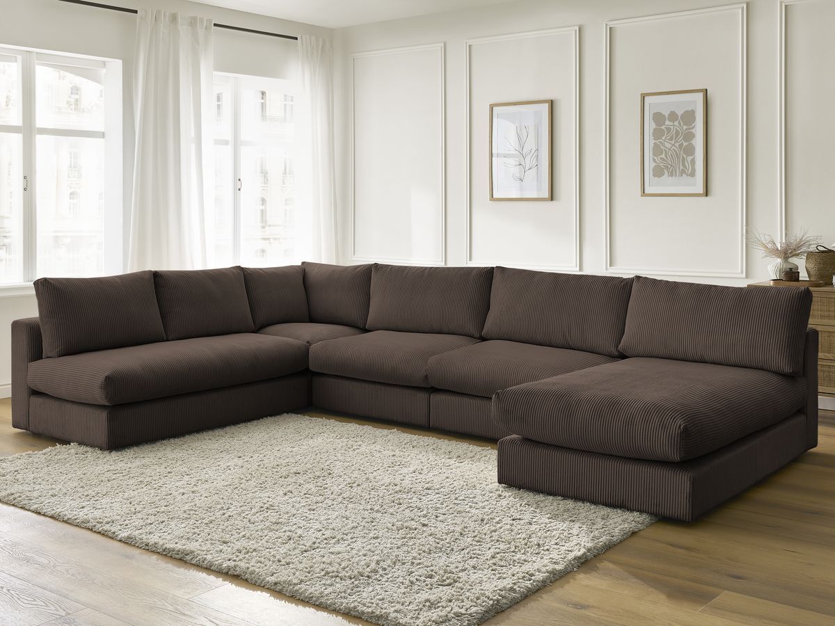 Canapé d'angle modulable PARIS velours côtelé avec 3 chauffeuses, 1 méridienne et 1 angle