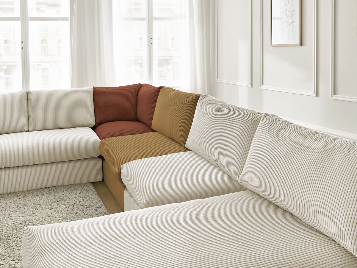Canapé d'angle modulable PARIS velours côtelé avec 3 chauffeuses, 1 méridienne et 1 angle