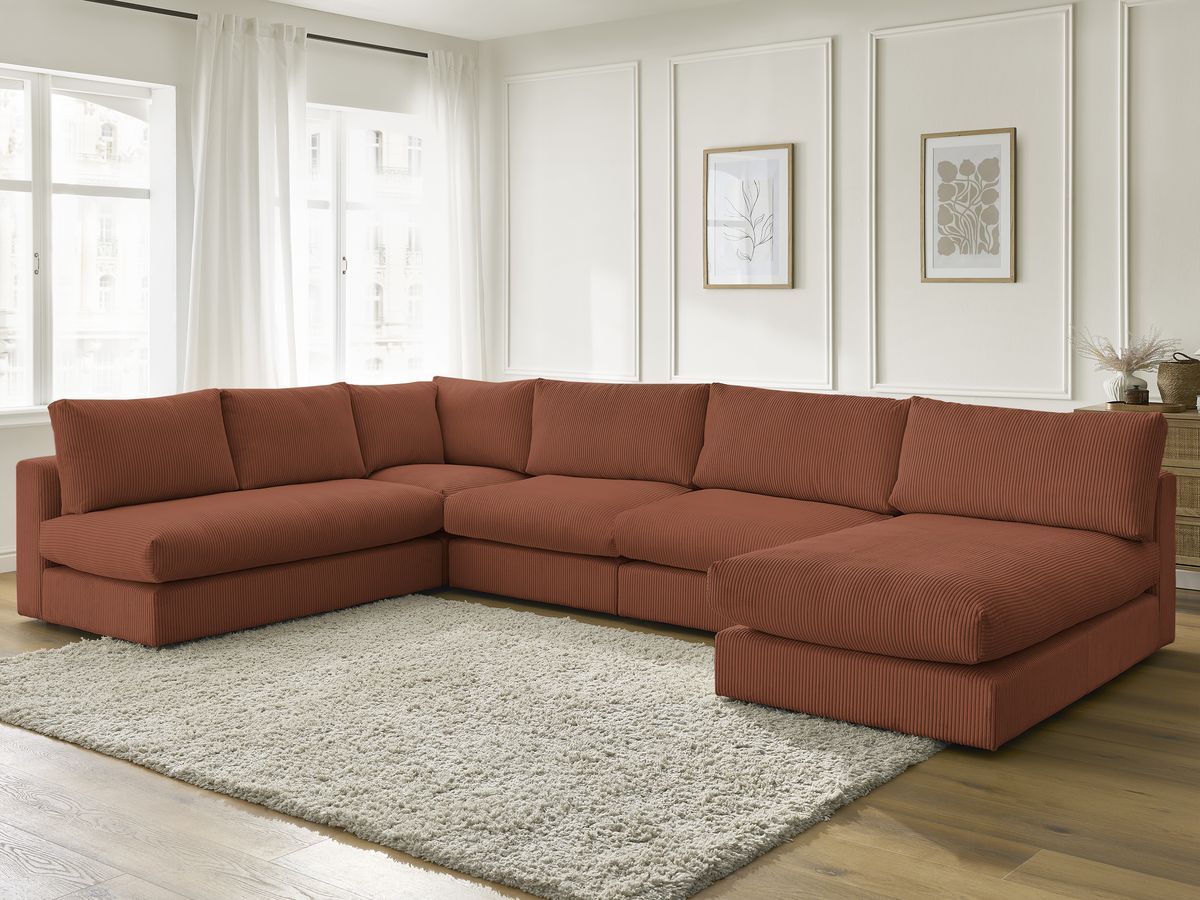 Canapé d'angle modulable PARIS velours côtelé avec 3 chauffeuses, 1 méridienne et 1 angle