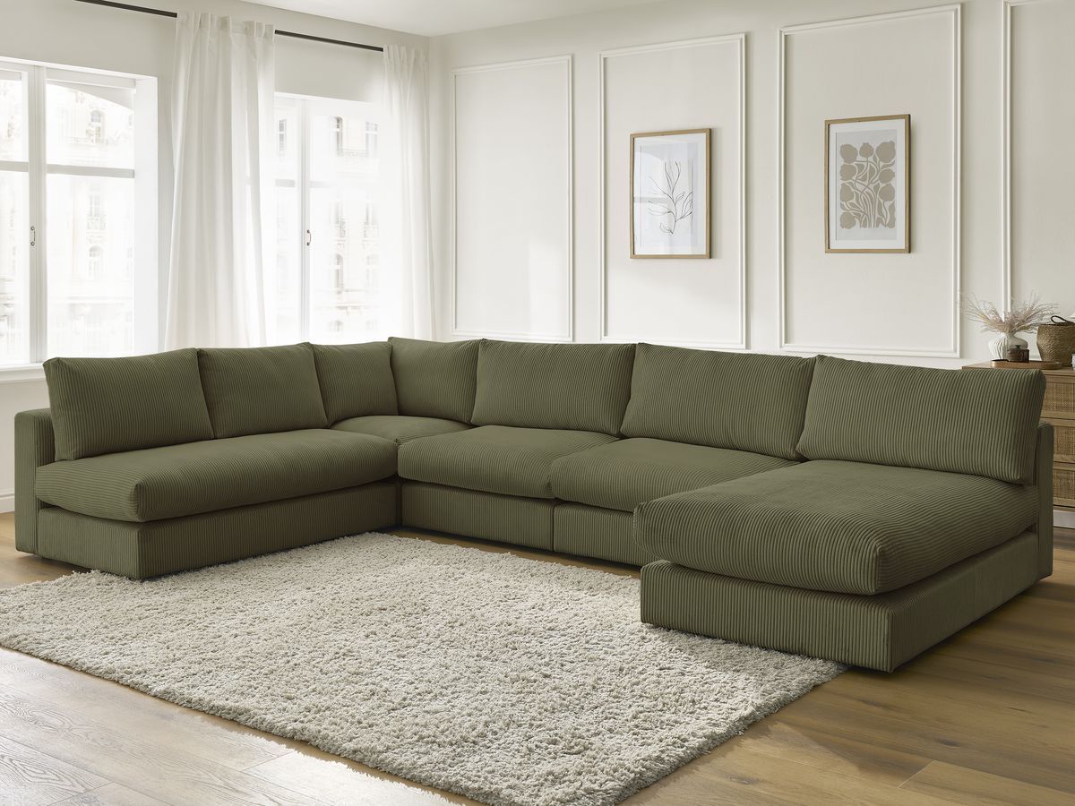 Canapé d'angle modulable PARIS velours côtelé avec 3 chauffeuses, 1 méridienne et 1 angle