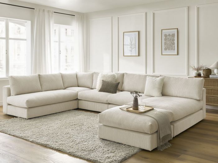 Stała sofa narożna 100% modułowa ultra miękka tkanina PARIS 3 fotele, 1 meridian, 1 narożnik, 1 pufa