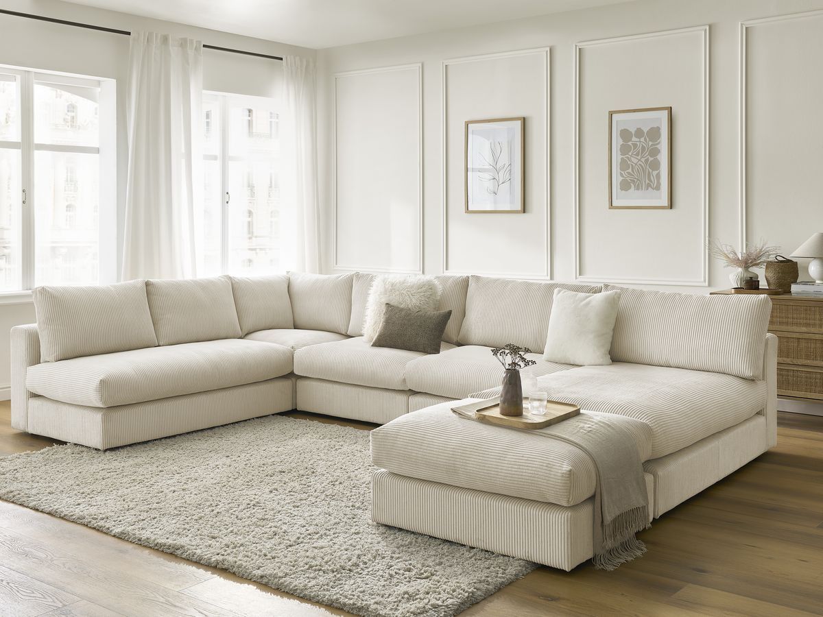 Modulaire PARIS corduroy hoekbank met 3 fauteuils, 1 chaise longue, 1 hoekbank en 1 poef