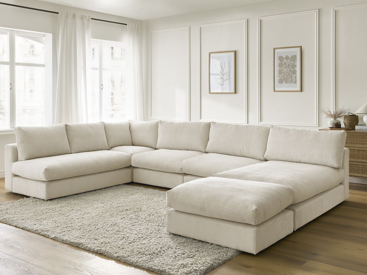 Modulaire PARIS corduroy hoekbank met 3 fauteuils, 1 chaise longue, 1 hoekbank en 1 poef
