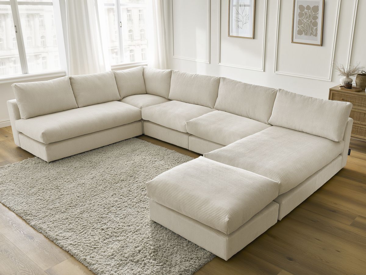 Modulaire PARIS corduroy hoekbank met 3 fauteuils, 1 chaise longue, 1 hoekbank en 1 poef