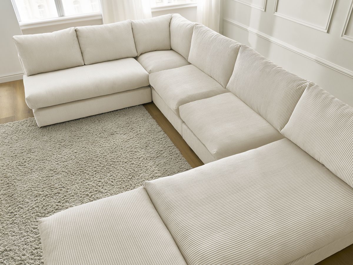 Modulaire PARIS corduroy hoekbank met 3 fauteuils, 1 chaise longue, 1 hoekbank en 1 poef