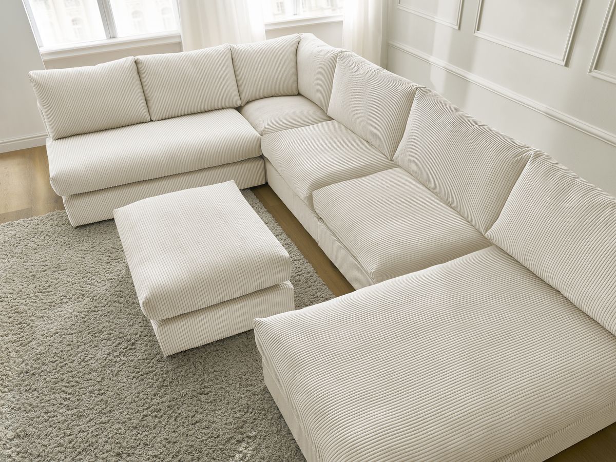 Modulaire PARIS corduroy hoekbank met 3 fauteuils, 1 chaise longue, 1 hoekbank en 1 poef