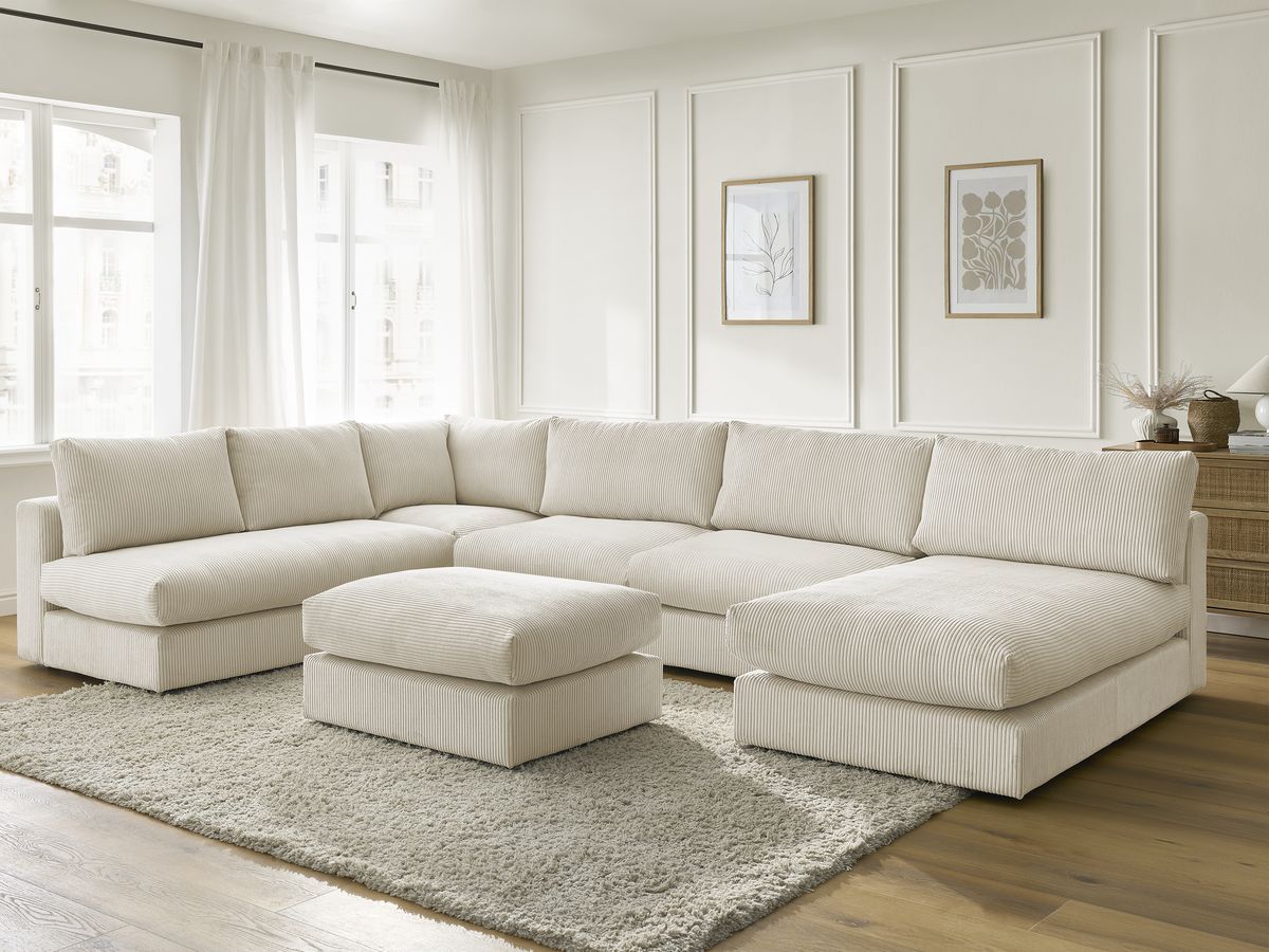 Modulaire PARIS corduroy hoekbank met 3 fauteuils, 1 chaise longue, 1 hoekbank en 1 poef