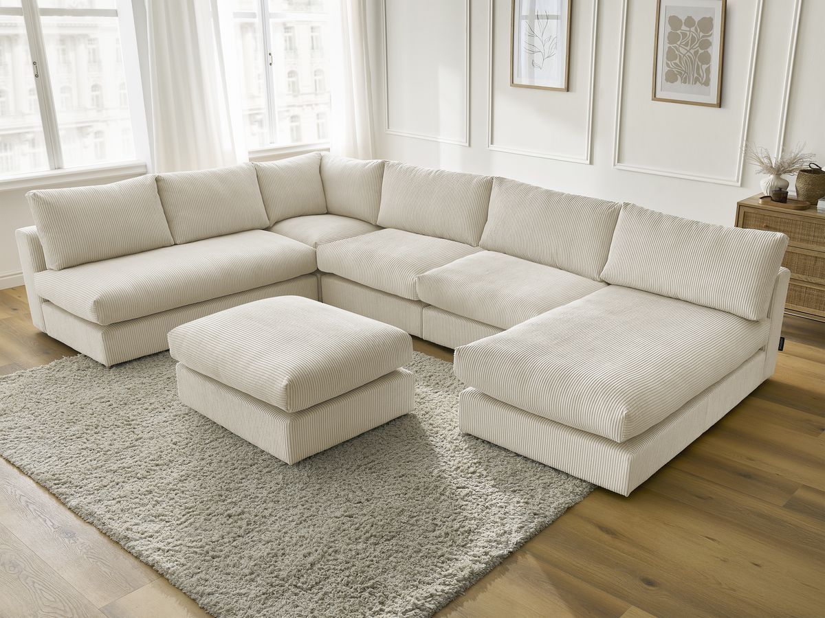 Modulaire PARIS corduroy hoekbank met 3 fauteuils, 1 chaise longue, 1 hoekbank en 1 poef