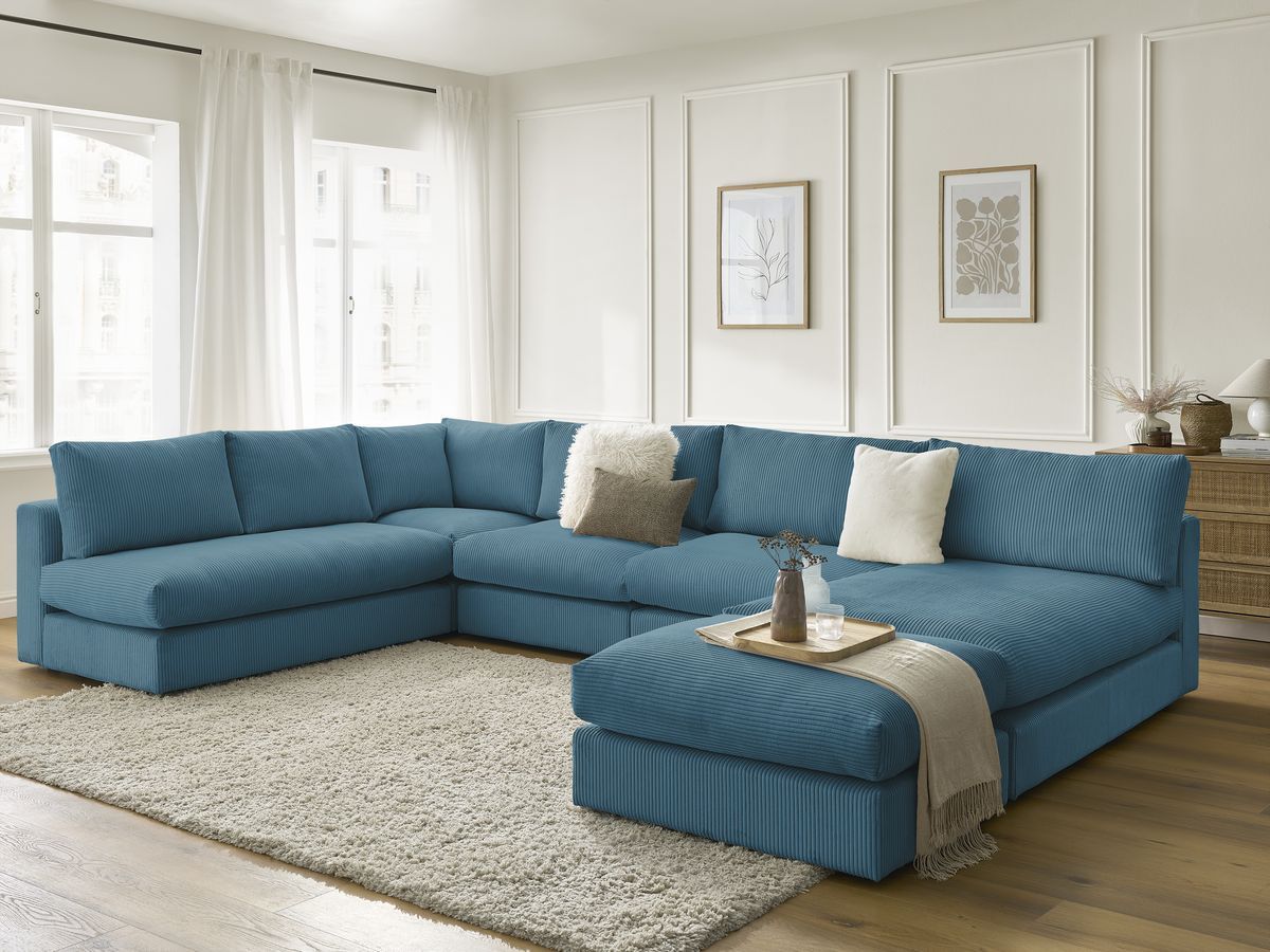 Canapé d'angle modulable PARIS velours côtelé avec 3 chauffeuses, 1 méridienne, 1 angle, et 1 pouf