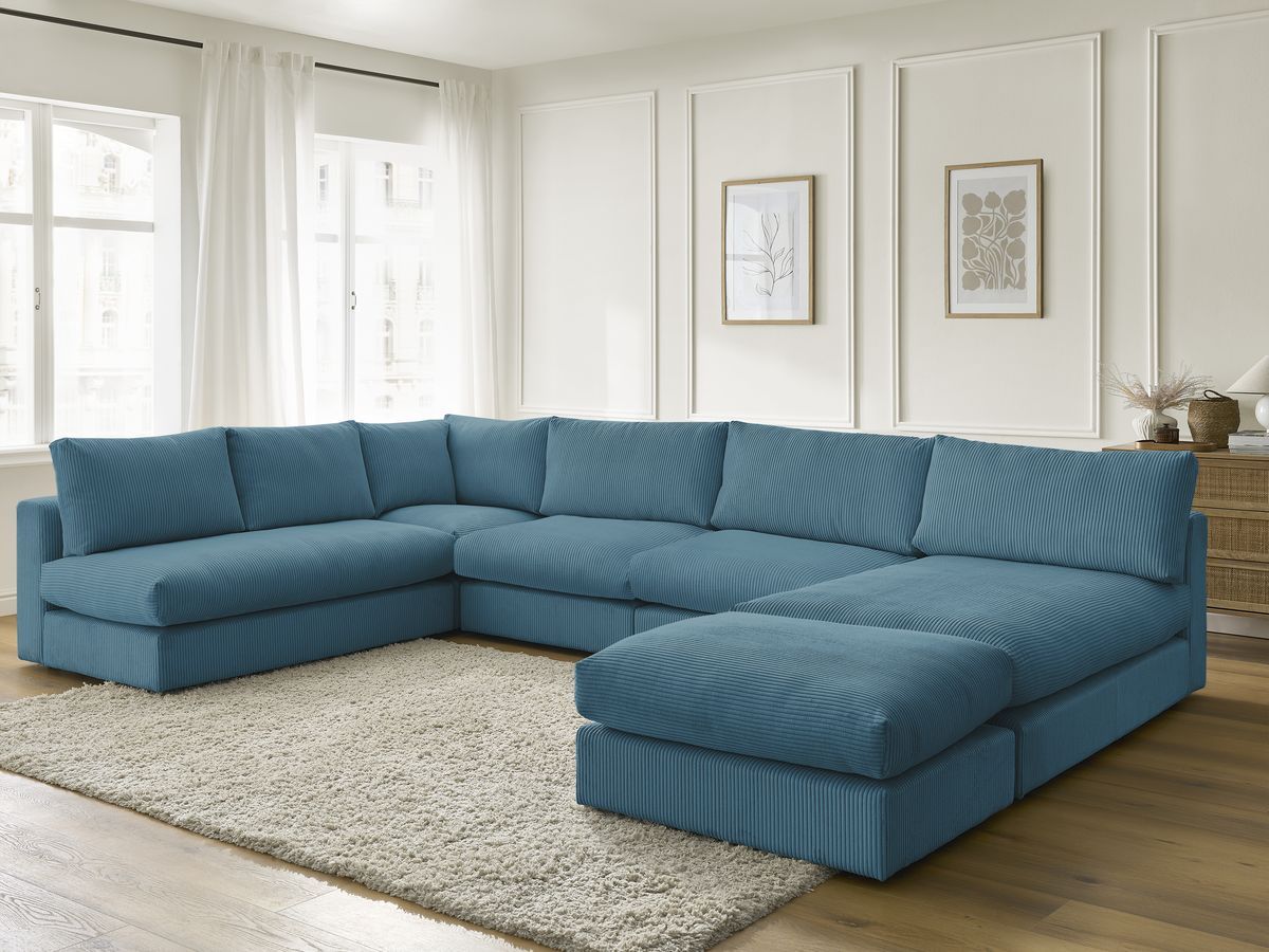 Canapé d'angle modulable PARIS velours côtelé avec 3 chauffeuses, 1 méridienne, 1 angle, et 1 pouf
