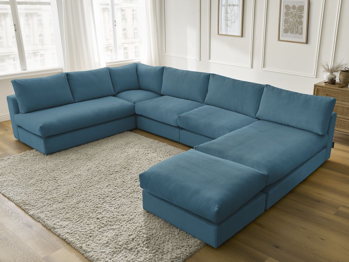 Canapé d'angle modulable PARIS velours côtelé avec 3 chauffeuses, 1 méridienne, 1 angle, et 1 pouf