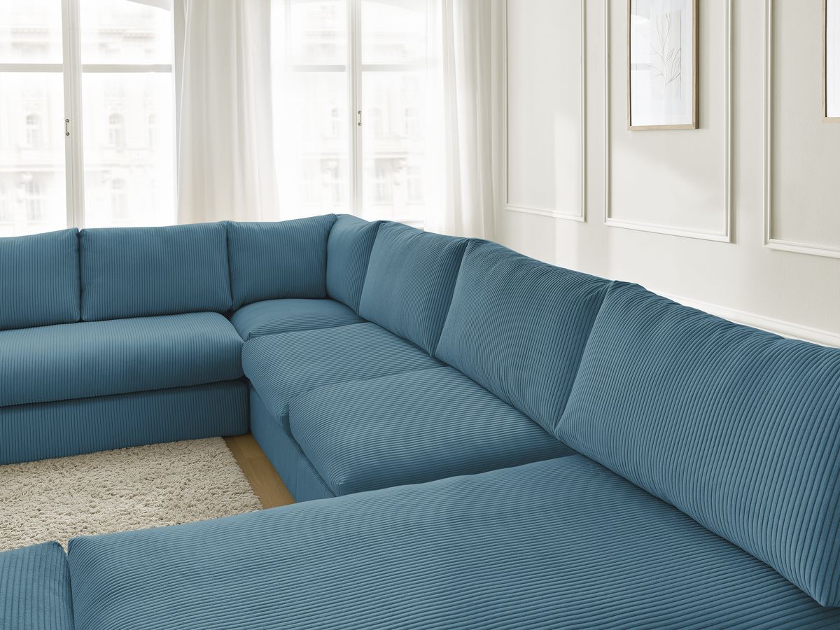 Canapé d'angle modulable PARIS velours côtelé avec 3 chauffeuses, 1 méridienne, 1 angle, et 1 pouf