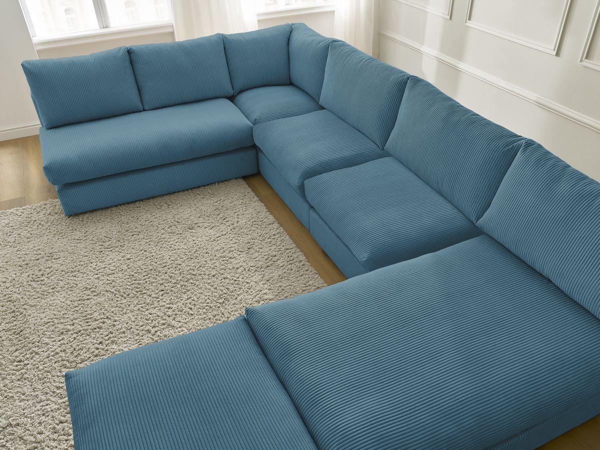 Canapé d'angle modulable PARIS velours côtelé avec 3 chauffeuses, 1 méridienne, 1 angle, et 1 pouf