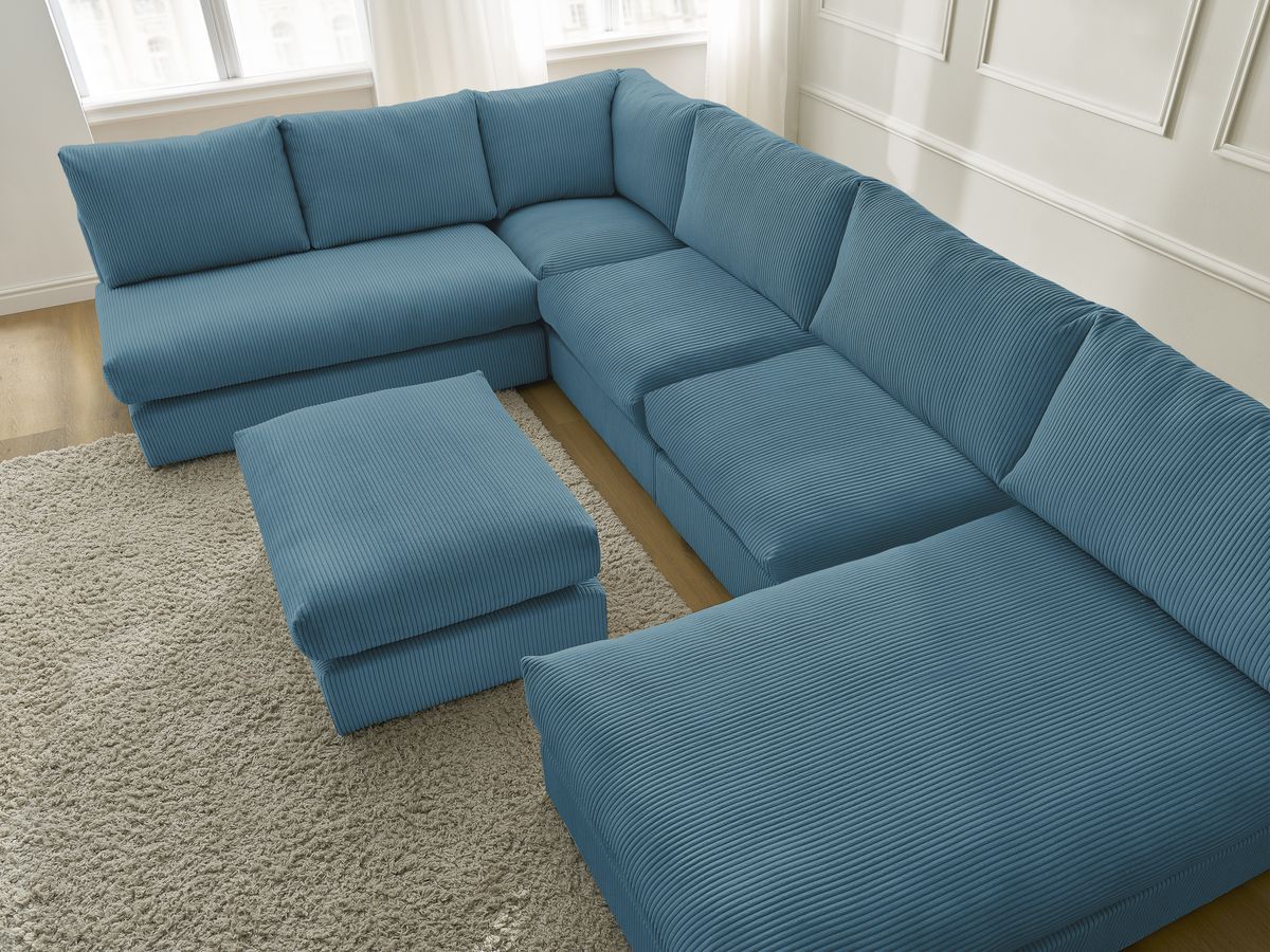 Canapé d'angle modulable PARIS velours côtelé avec 3 chauffeuses, 1 méridienne, 1 angle, et 1 pouf