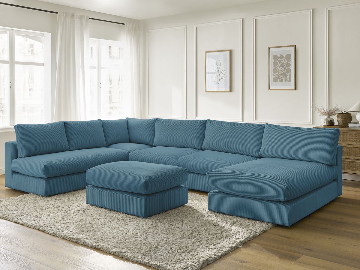 Canapé d'angle modulable PARIS velours côtelé avec 3 chauffeuses, 1 méridienne, 1 angle, et 1 pouf