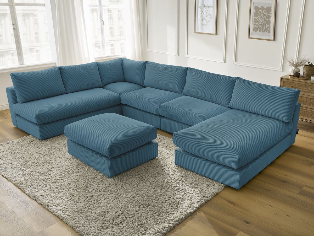 Canapé d'angle modulable PARIS velours côtelé avec 3 chauffeuses, 1 méridienne, 1 angle, et 1 pouf