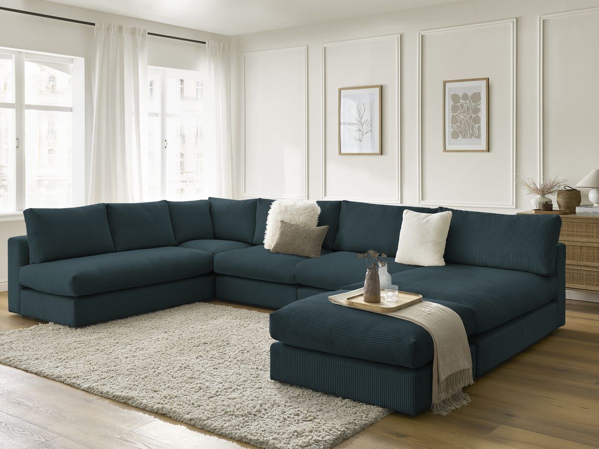 Canapé d'angle modulable PARIS velours côtelé avec 3 chauffeuses, 1 méridienne, 1 angle, et 1 pouf