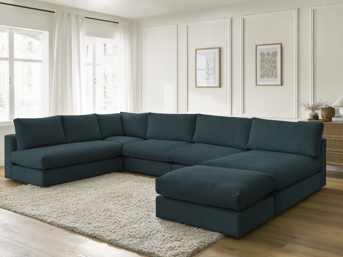 Canapé d'angle modulable PARIS velours côtelé avec 3 chauffeuses, 1 méridienne, 1 angle, et 1 pouf