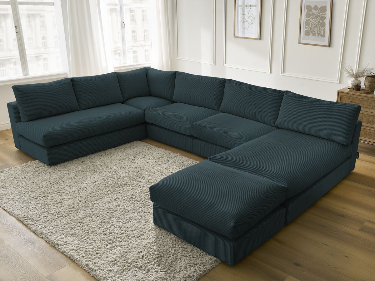 Canapé d'angle modulable PARIS velours côtelé avec 3 chauffeuses, 1 méridienne, 1 angle, et 1 pouf