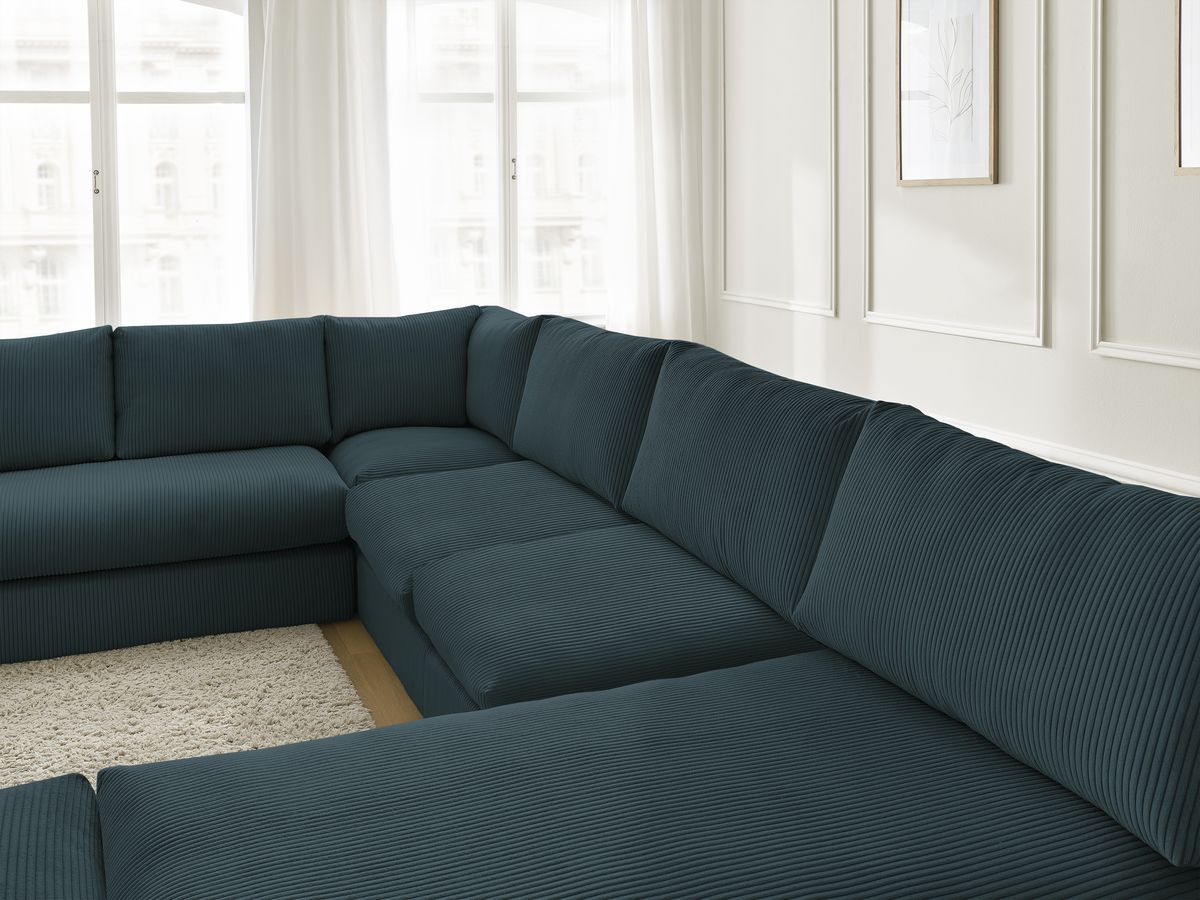 Canapé d'angle modulable PARIS velours côtelé avec 3 chauffeuses, 1 méridienne, 1 angle, et 1 pouf