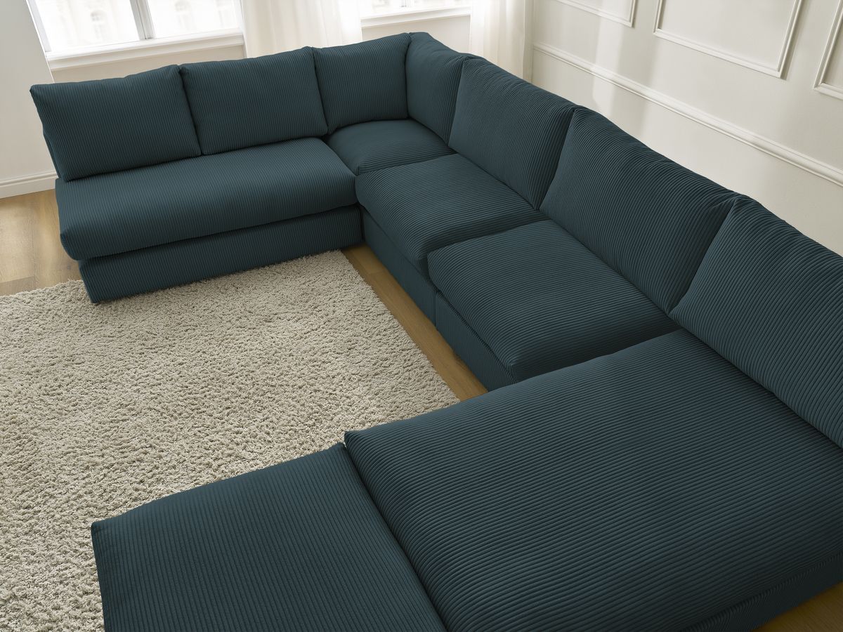 Canapé d'angle modulable PARIS velours côtelé avec 3 chauffeuses, 1 méridienne, 1 angle, et 1 pouf