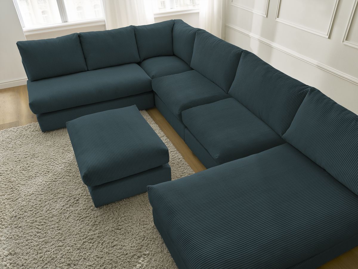 Canapé d'angle modulable PARIS velours côtelé avec 3 chauffeuses, 1 méridienne, 1 angle, et 1 pouf