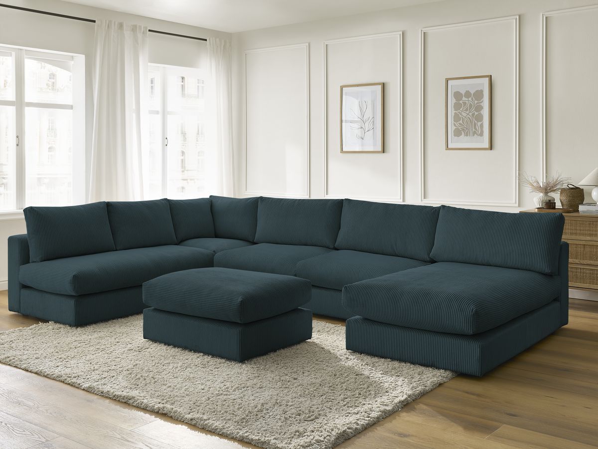 Canapé d'angle modulable PARIS velours côtelé avec 3 chauffeuses, 1 méridienne, 1 angle, et 1 pouf